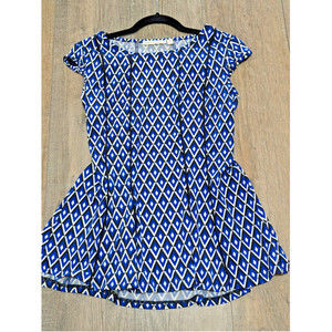 Maria Gabrielle Top Womens Medium Blue Diamond Print Short Cap Sleeve Stretch